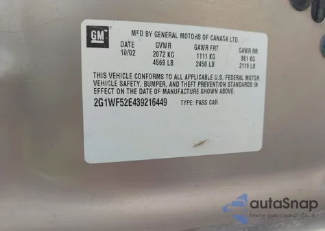 2003 Chevrolet Impala z USA, uszkodzony, nr VIN 2G1WF52E439216449